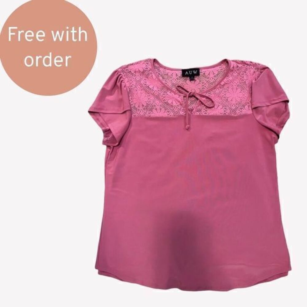 FREE AUW Women's Blouse Top Short Sleeve Floral Lace Detail‎ Pink Large